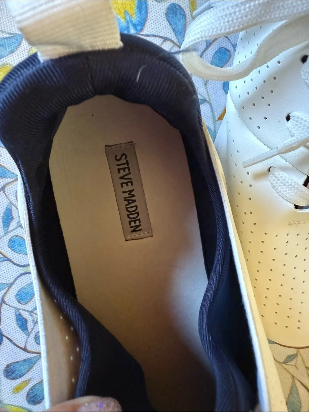 Steve Madden White Perforated Lace-Up Sneakers with Navy Lining